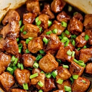 Overhead shot of one pot pork in sweet soy sauce glazed and garnished with green onions over steamed jasmine rice