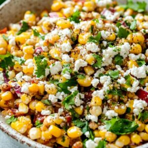 Mexican street corn salad esquites with cotija cheese cilantro and lime in white bowl