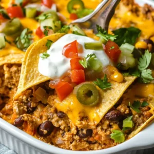Easy walking taco casserole in a baking dish topped with Fritos corn chips and taco toppings