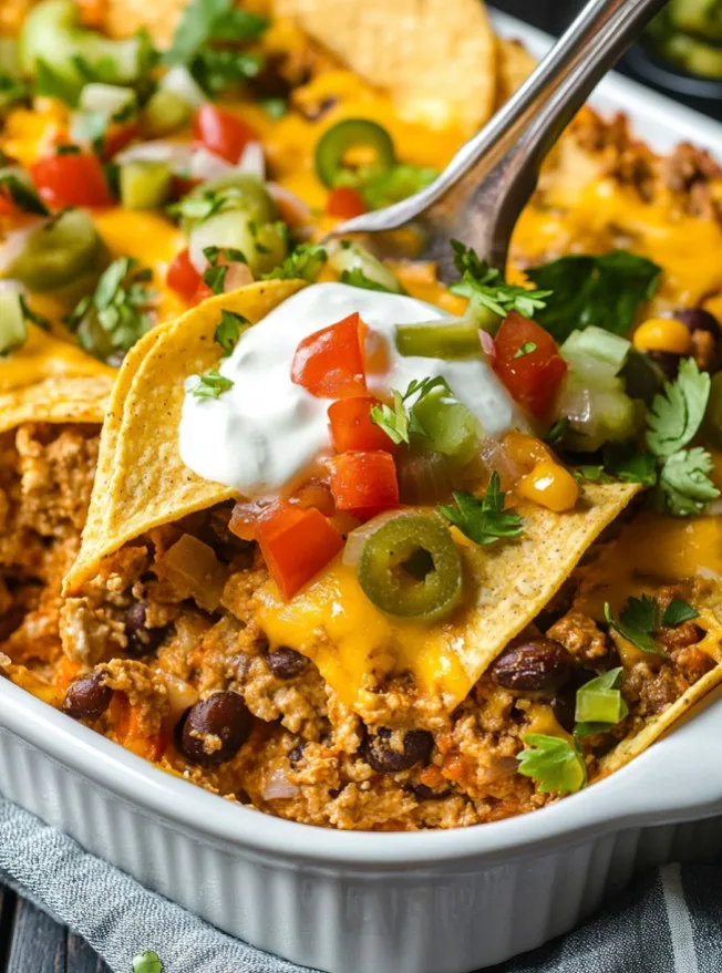 Easy walking taco casserole in a baking dish topped with Fritos corn chips and taco toppings