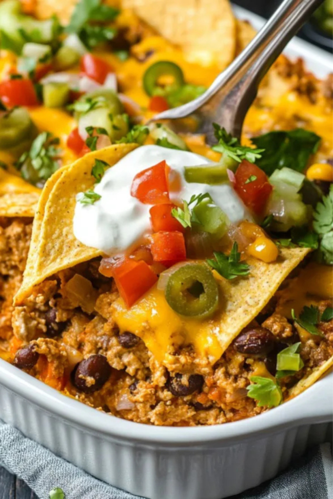 Easy walking taco casserole in a baking dish topped with Fritos corn chips, shredded cheese and taco toppings