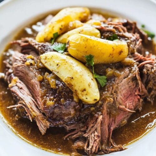 easy dutch oven pot roast with gravy and potatoes
