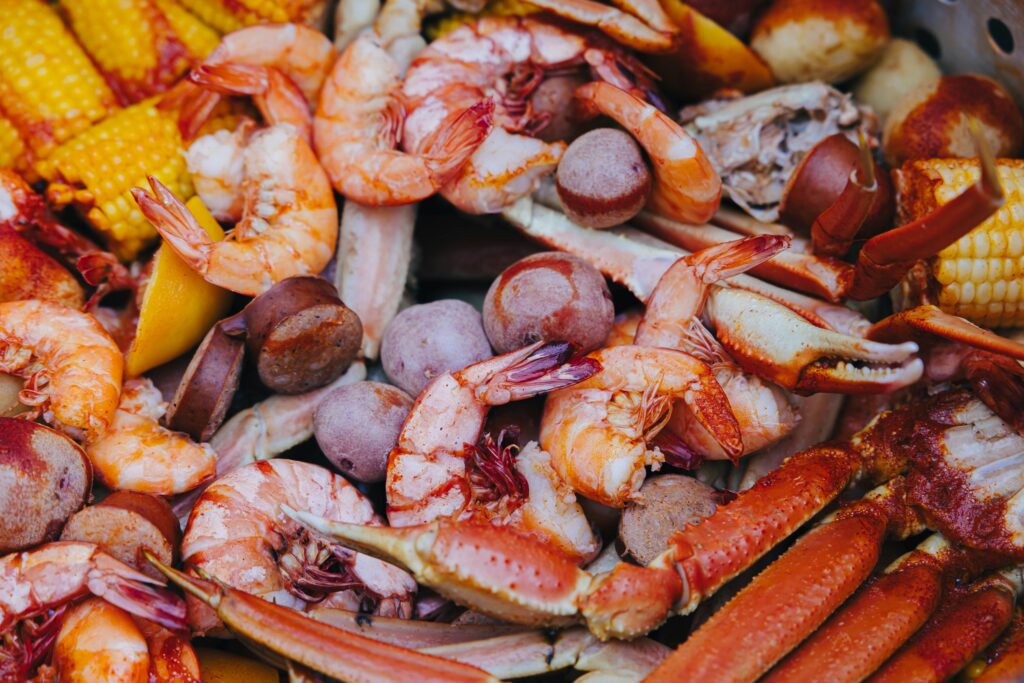 Cajun seafood boil with shrimp crab sausage corn and potatoes