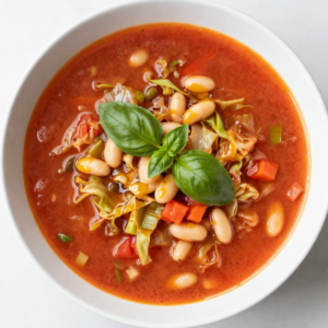 Hot honey cabbage soup in a bowl with tender cabbage, white beans, and a drizzle of chili oil