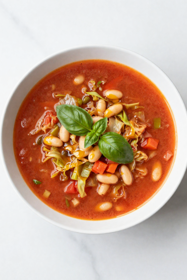Hot honey cabbage soup in a bowl with tender cabbage, white beans, and a drizzle of chili oil