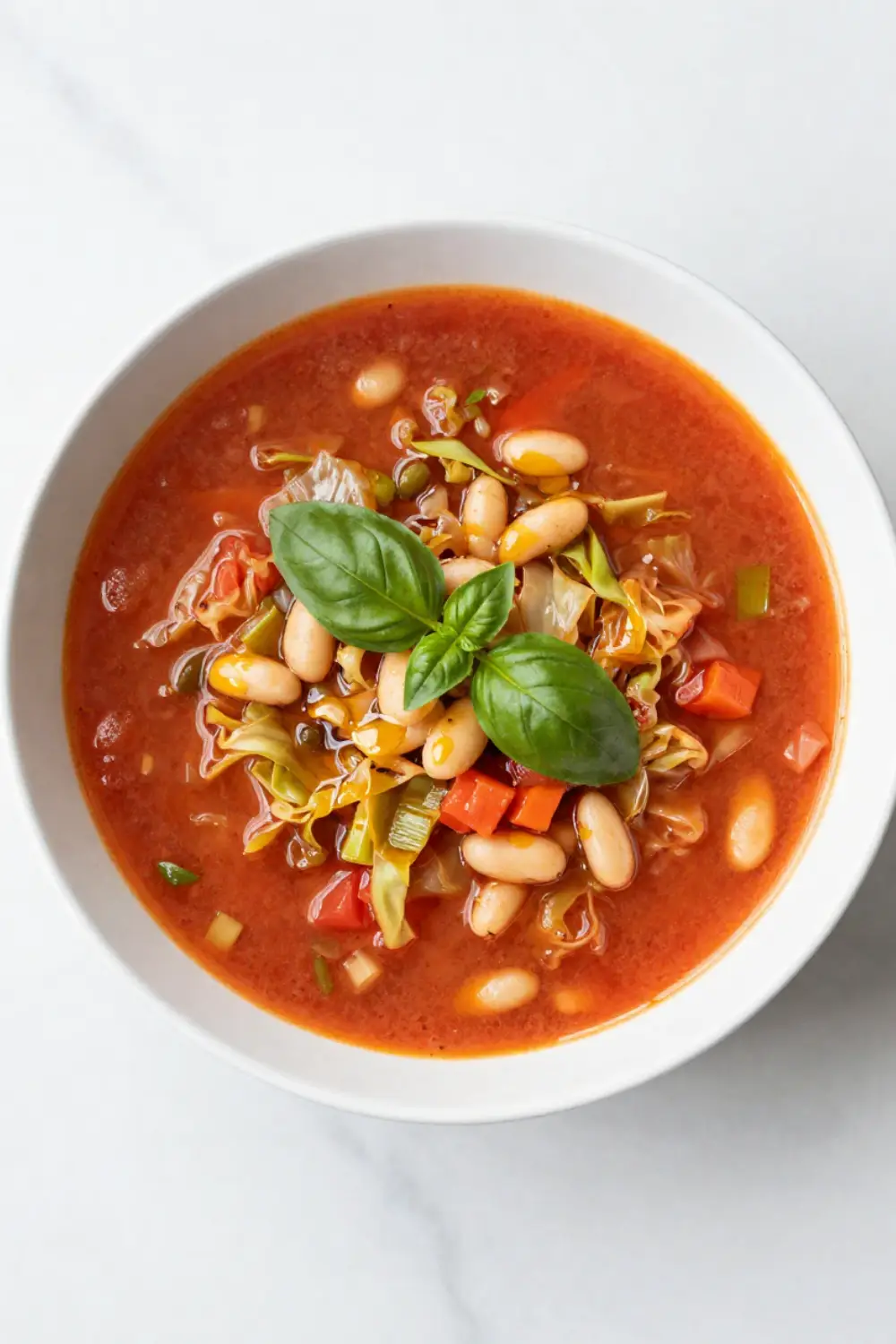 Hot honey cabbage soup in a bowl with tender cabbage, white beans, and a drizzle of chili oil