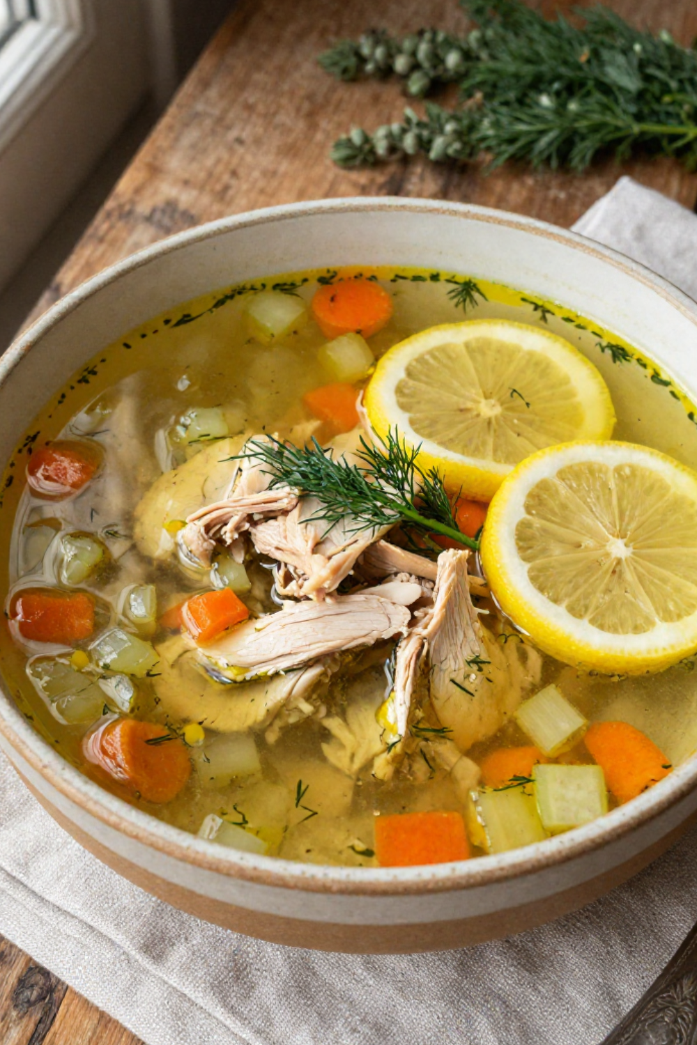 Mediterranean lemon chicken soup in a bowl with tender chicken, vegetables, and bright lemon-herb broth