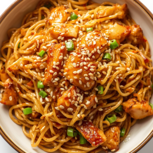 15 minute sesame noodles with chicken in a bowl with green onions and sesame seeds