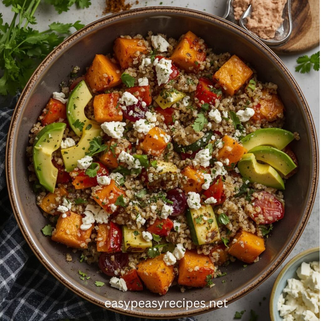 garlic herb roasted vegetable bowl with chickpeas quinoa and tahini drizzle