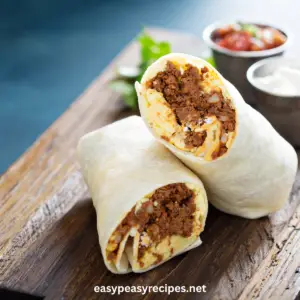 sheet pan chorizo and egg burritos cut open on a wooden board