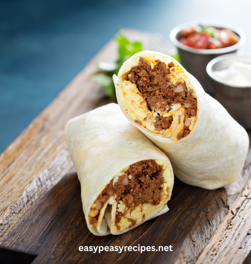 sheet pan chorizo and egg burritos cut open on a wooden board