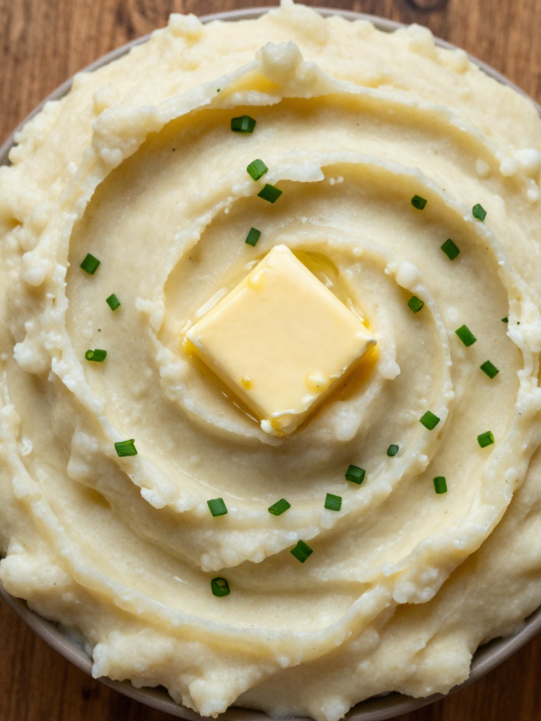 Creamy Instant Pot mashed potatoes in a white bowl with melted butter and chives on top