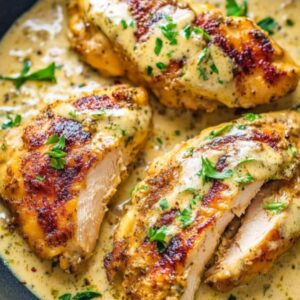 Crockpot marry me chicken thighs in creamy sun-dried tomato Parmesan sauce garnished with fresh herbs