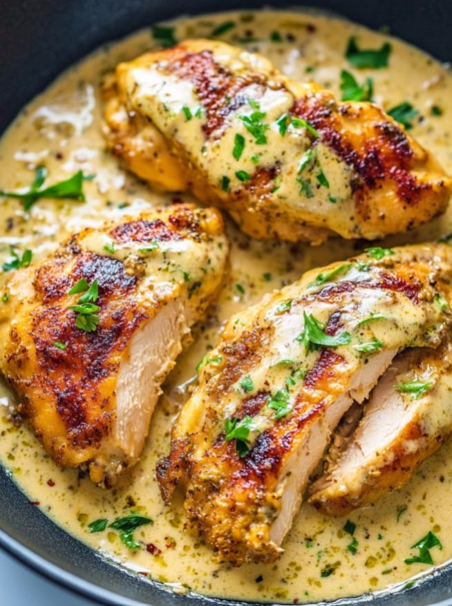 Crockpot marry me chicken thighs in creamy sun-dried tomato Parmesan sauce garnished with fresh herbs